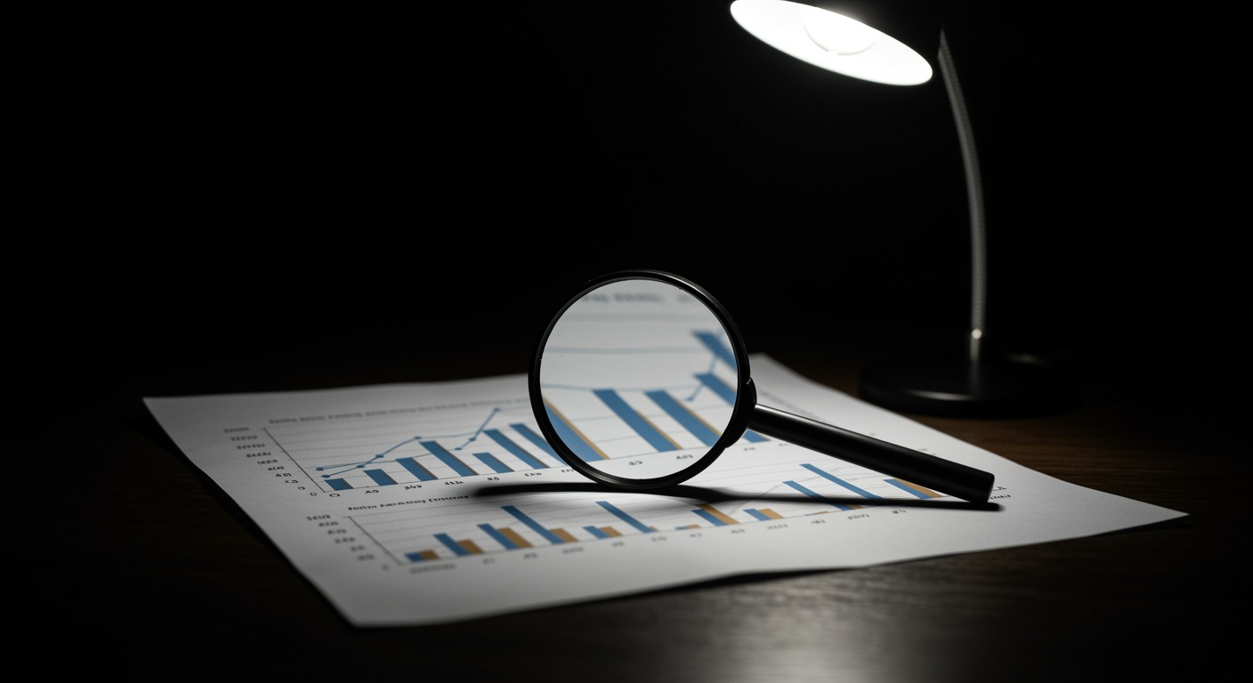 Statistical chart with magnifying glass under soft desk lighting