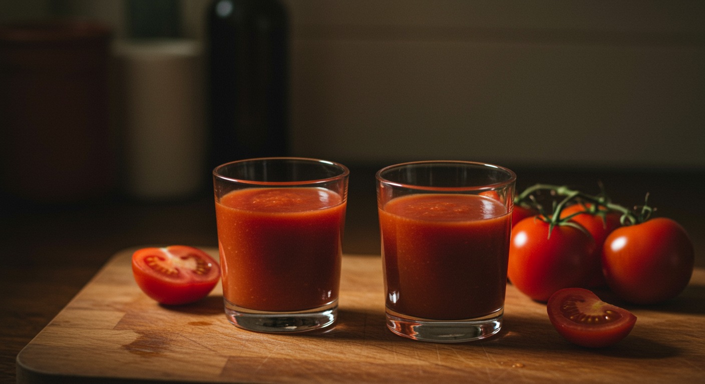 Two small glasses of bright red tomato-based juice on a wooden kitchen counter with fresh tomatoes nearby in soft natural light