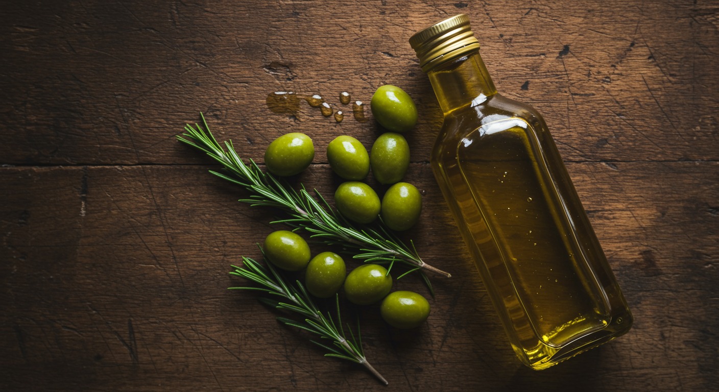 Overhead shot of a glass bottle of virgin olive oil next to fresh green olives and a sprig of rosemary on a rustic wooden table with soft window light