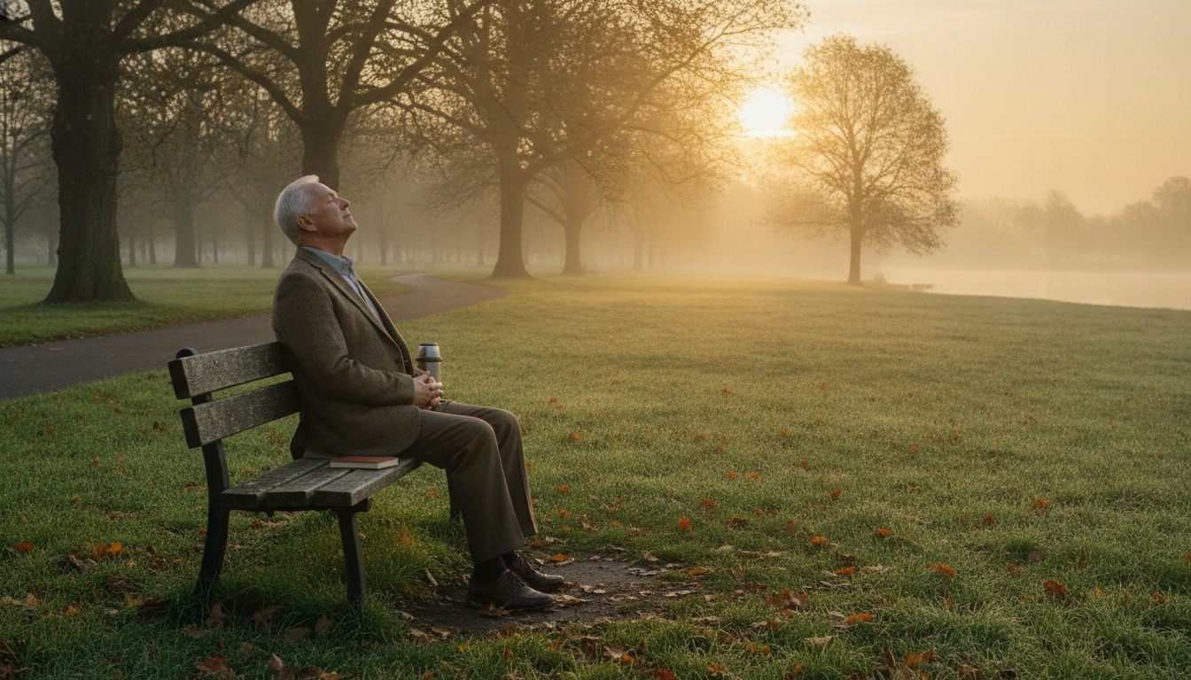 Older man sitting on a park bench at sunrise taking a slow deep breath, soft golden light and light mist over the grass