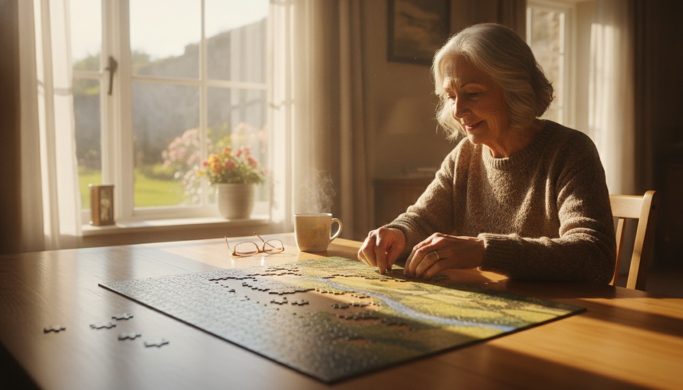 Older adult assembling a jigsaw puzzle on a warm wooden table by a sunlit window with soft golden light