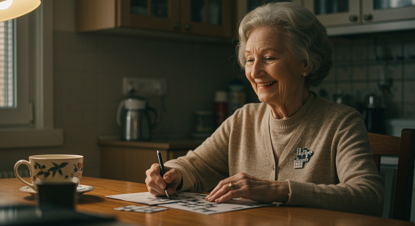 Elderly woman smiling while doing a crossword puzzle at a well-lit kitchen table, symbolizing sharp cognitive function
