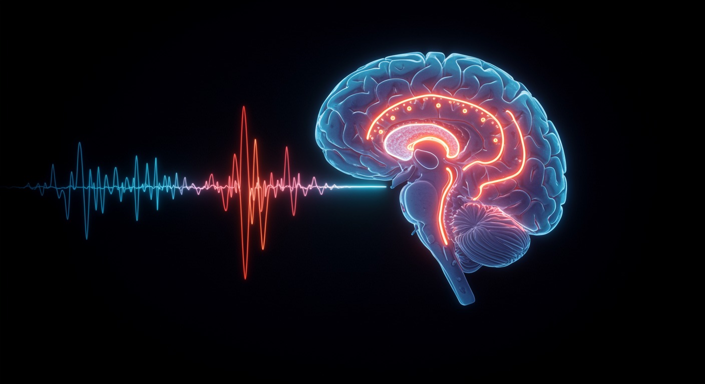 Photorealistic cross-section of brain showing the suprachiasmatic nucleus as a glowing clock-like structure, with circadian rhythm waves emanating outward, soft scientific lighting, no text