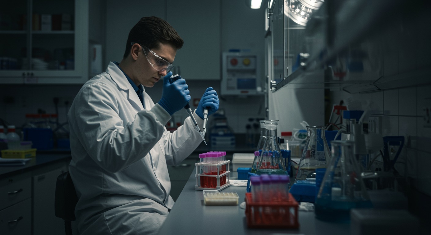 Scientist pipetting samples in a bright laboratory with clean clinical lighting and colorful test tubes