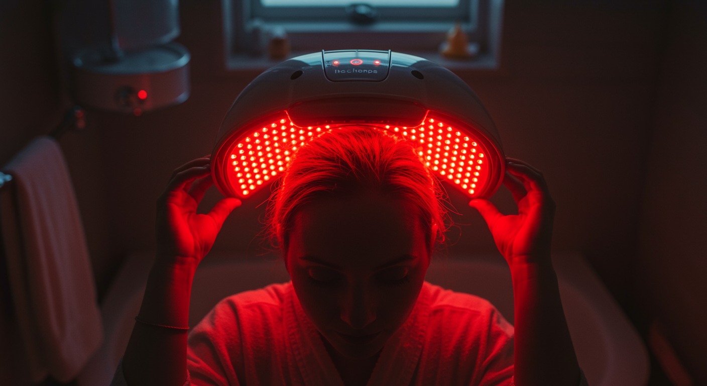 Overhead view of a person wearing a red LED light therapy helmet device for hair growth treatment in a bright modern bathroom