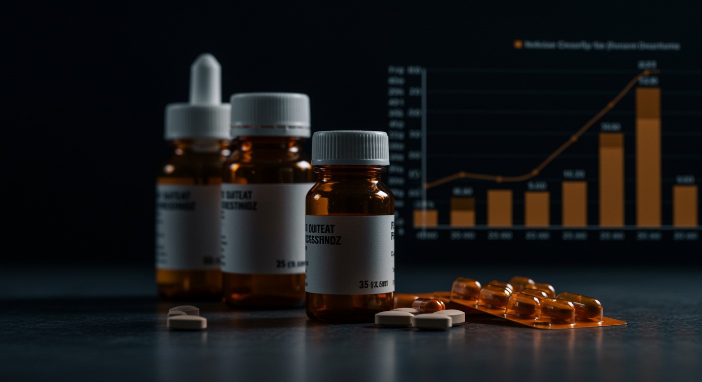 Healthcare data visualization showing rising PPI prescription trends with medication bottles and population statistics charts