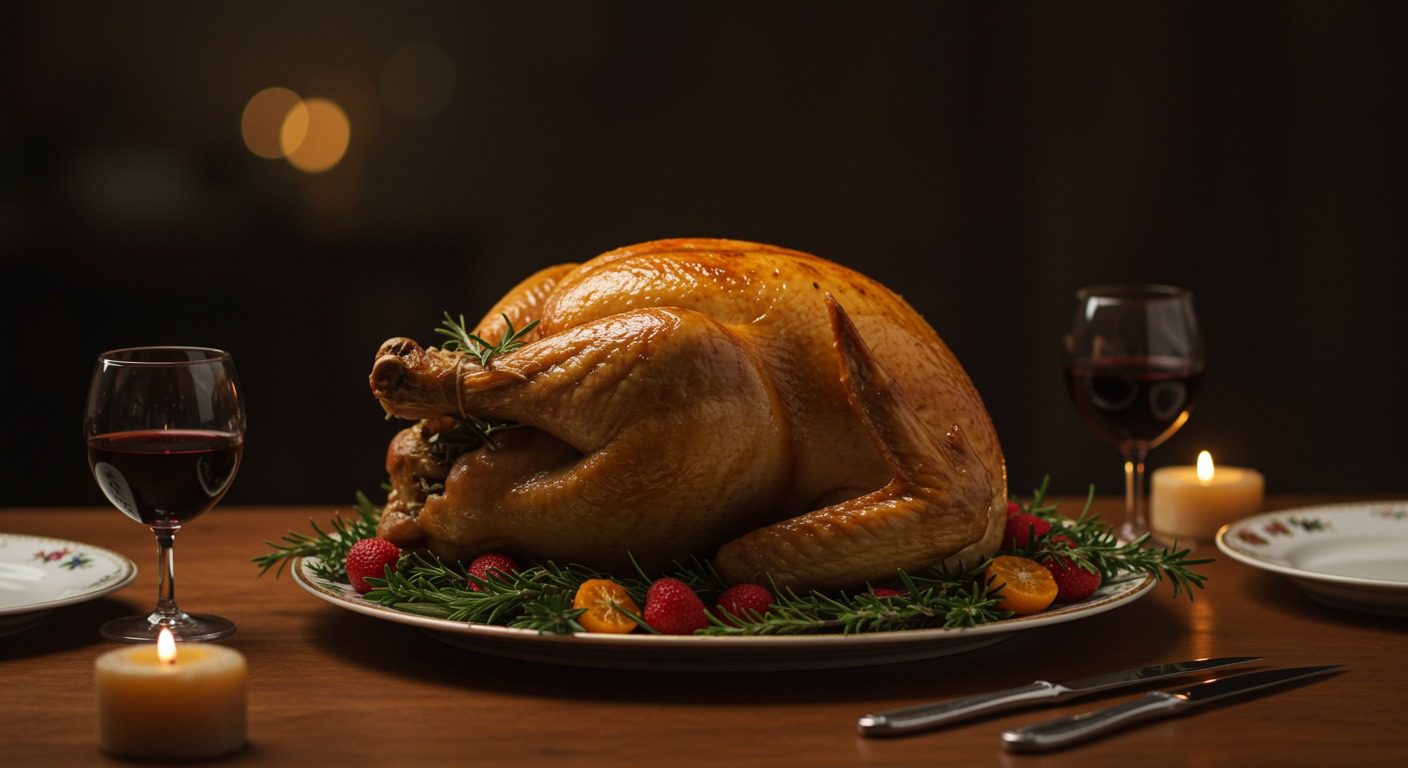 Golden roasted turkey on warm holiday table