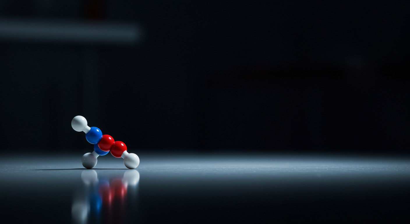 Single tryptophan molecule model on clean laboratory surface with soft scientific lighting