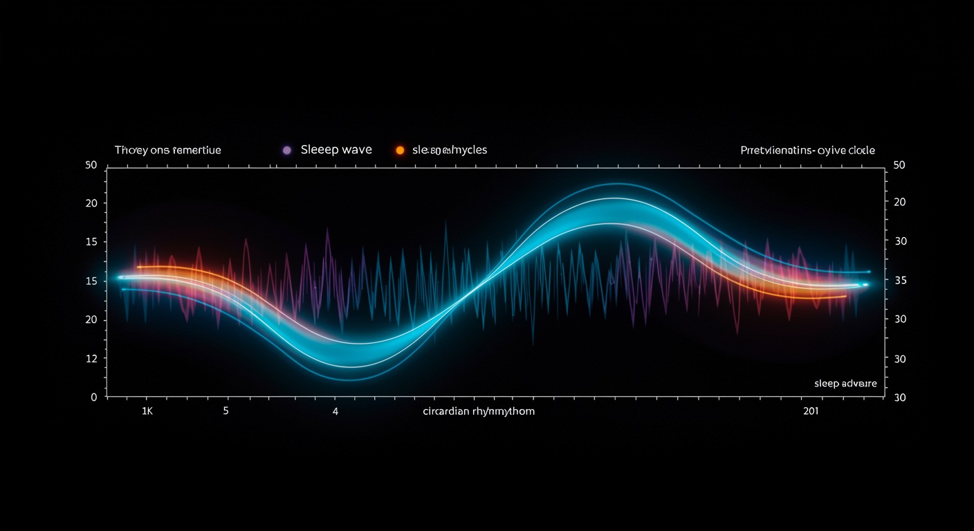Photorealistic diagram showing two intersecting waves representing sleep drive and circadian rhythm, with sleep-wake cycle visualization, soft scientific lighting, no text