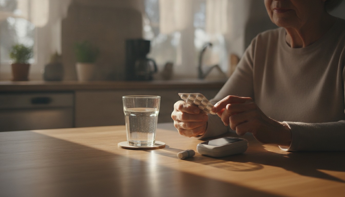 Older adult at a kitchen table holding a small blister pack of white pills next to a glass of water and a blood glucose meter in soft morning light