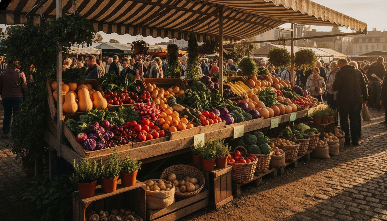 Vibrant farmers market display of seasonal produce in wooden crates with warm afternoon sunlight and rich earthy tones