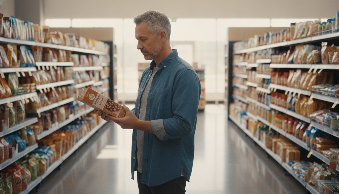 Middle-aged man standing in a bright supermarket aisle holding a packaged snack box in soft daylight