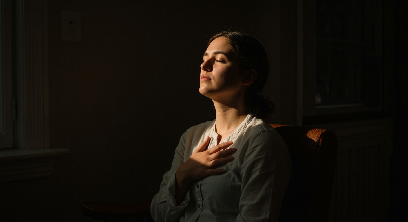 Person sitting quietly in a sunlit room with eyes closed and one hand resting gently on their chest