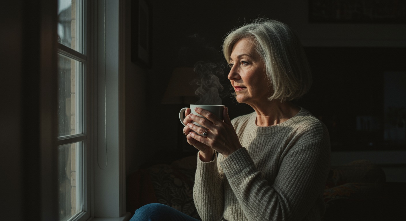 A woman in her fifties sitting calmly by a sunlit window, holding a warm mug, with soft natural light across her face