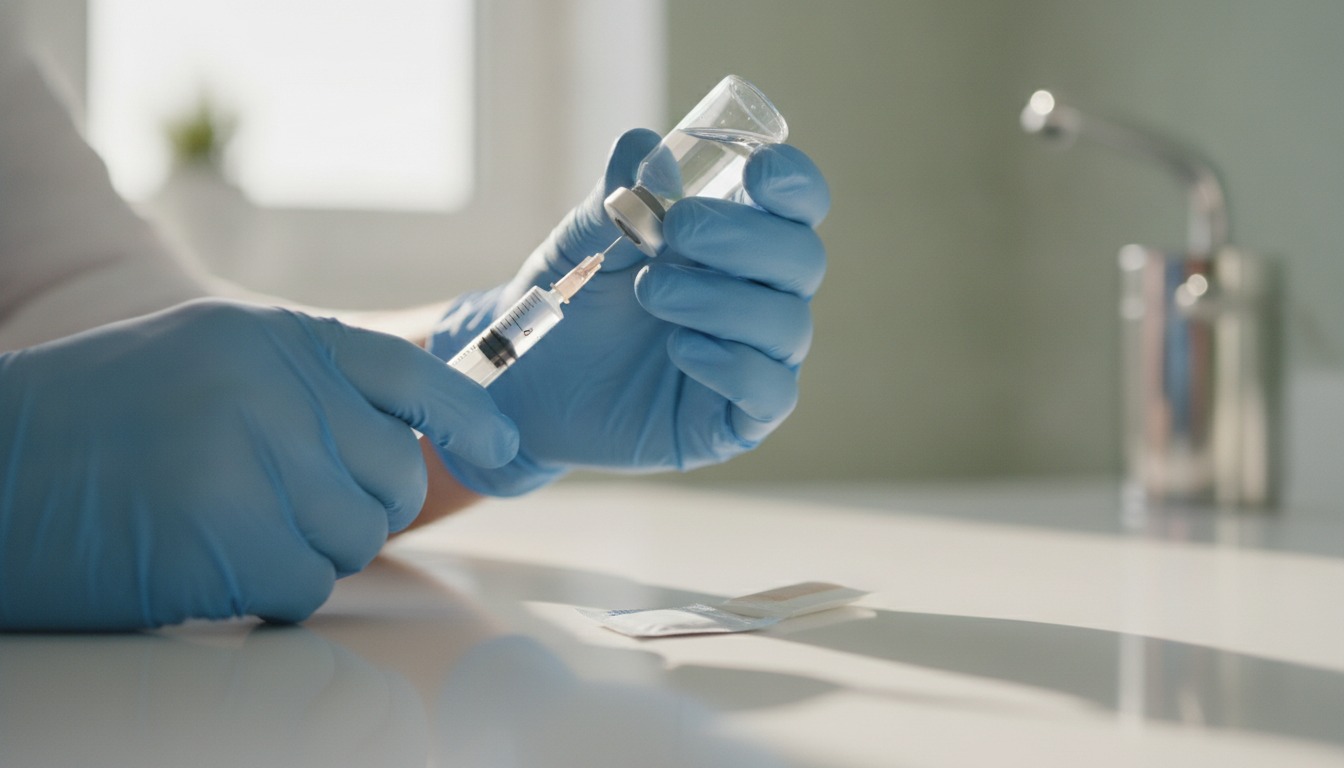 A clinician's gloved hands drawing a vaccine dose into a syringe on a clean clinic counter in soft daylight