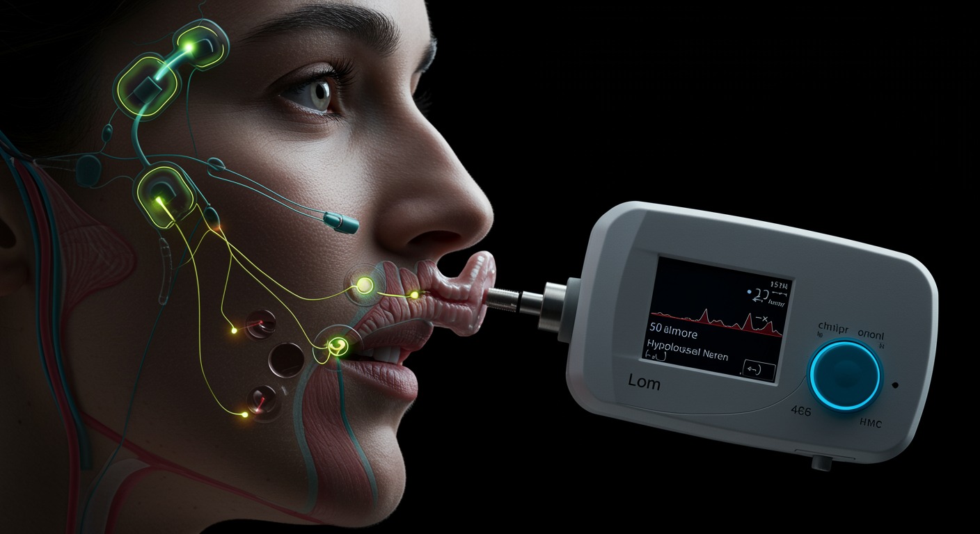 Photorealistic medical device showing upper airway stimulation implant for sleep apnea treatment, with anatomical visualization of hypoglossal nerve stimulation, soft medical lighting, no text