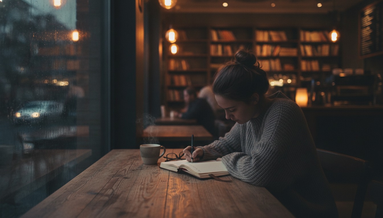 Person journaling in a quiet coffee shop with moody ambient lighting and shallow depth of field