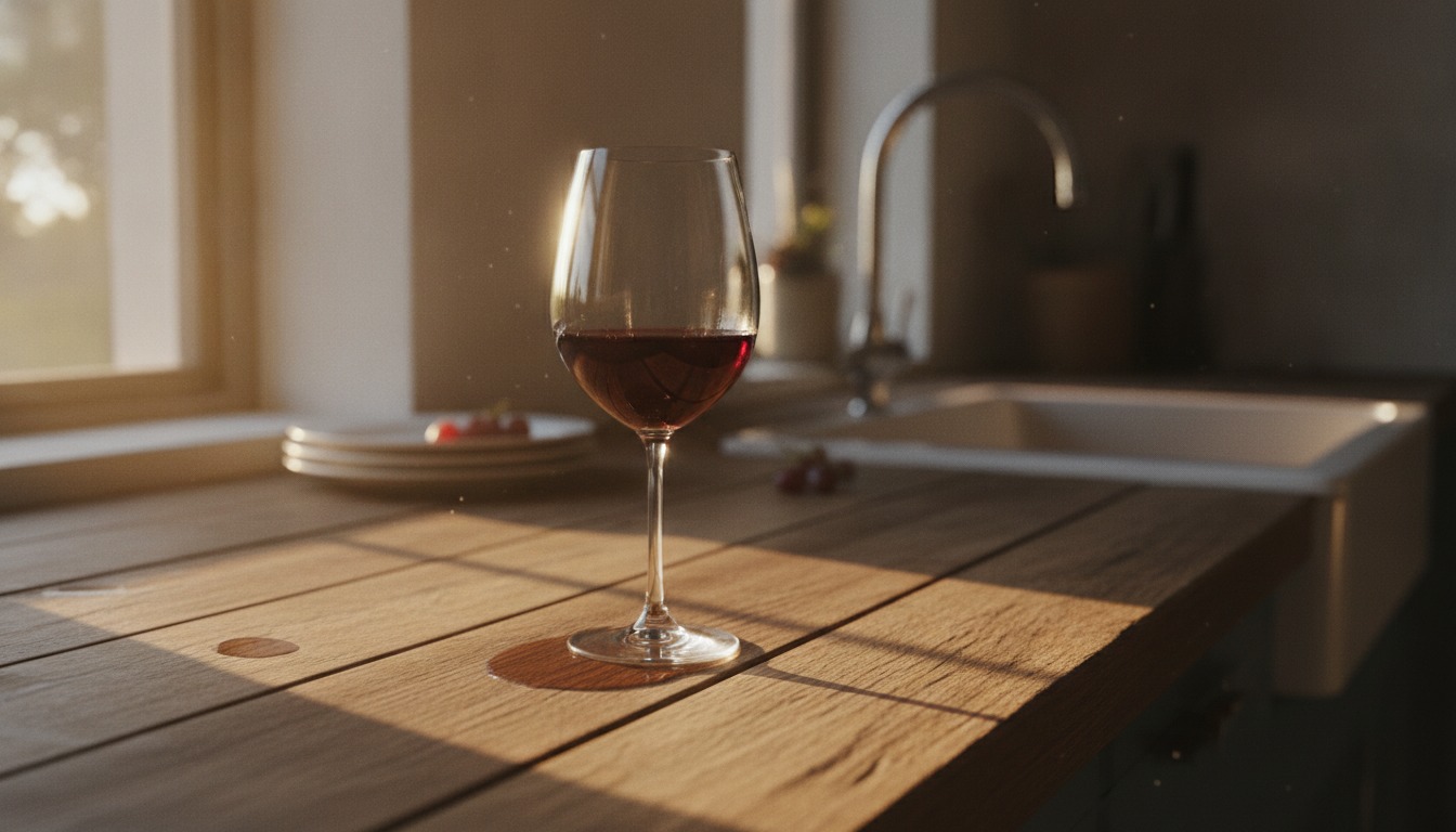 A single half-full glass of red wine on a wooden kitchen counter in soft late-afternoon light from a nearby window