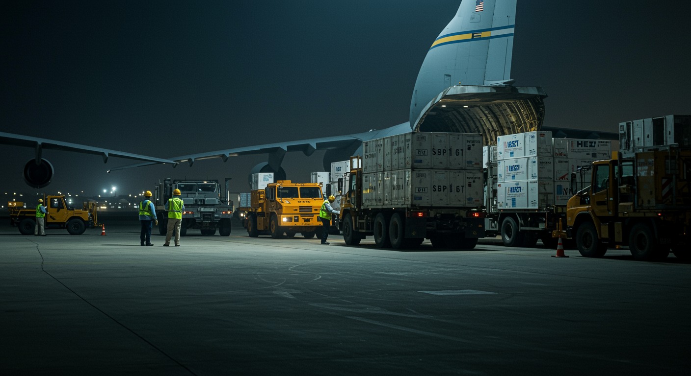 American-made vehicles and pharmaceutical containers being loaded onto a cargo plane at a military airfield with workers in the foreground