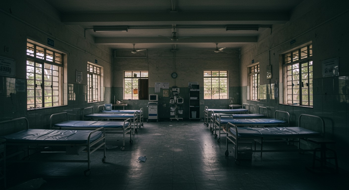 An empty health clinic in a developing country with unused medical equipment and vacant patient beds