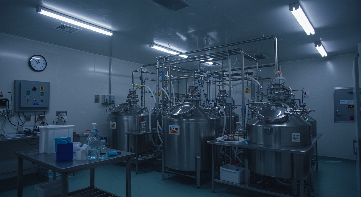 Agricultural research laboratory with fermentation equipment under fluorescent lighting
