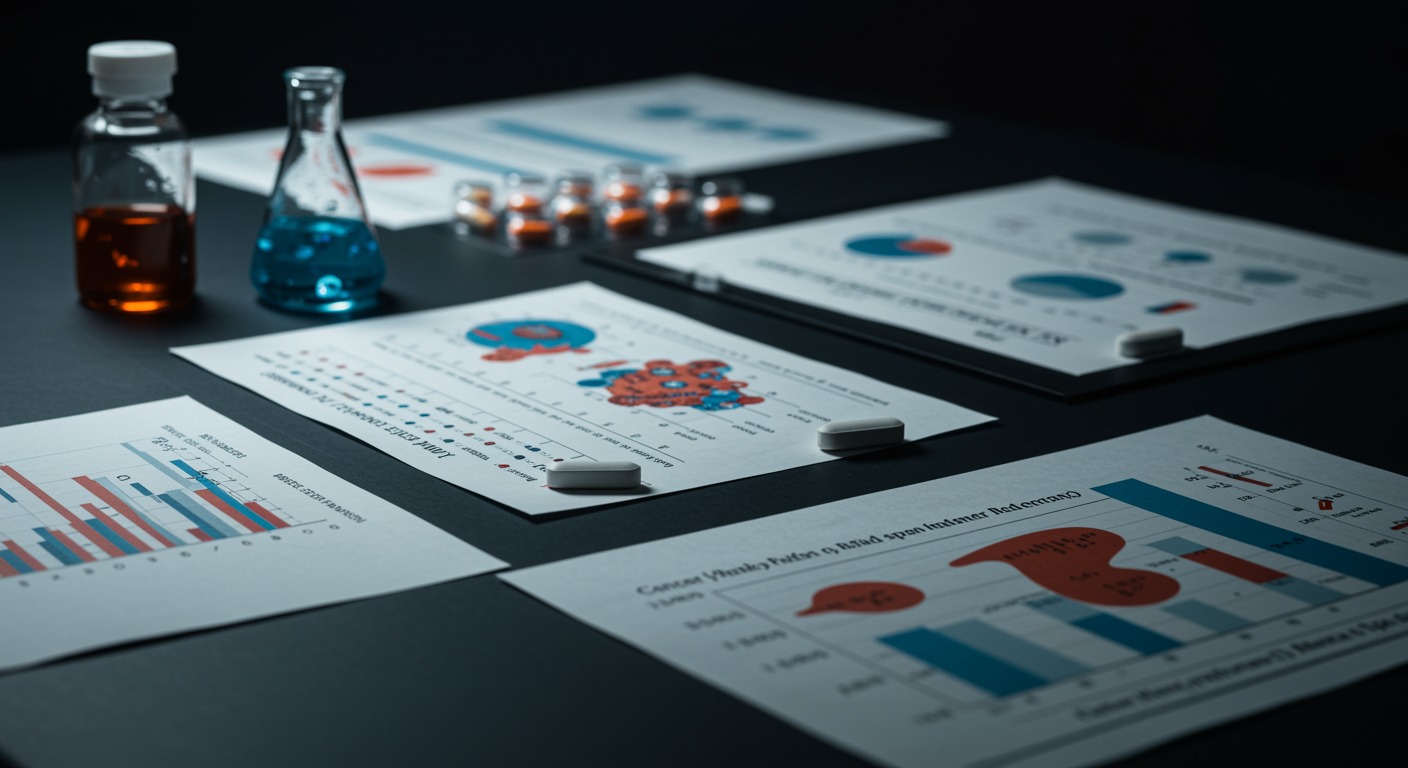 Medical research table showing various NSAIDs and sphincter-relaxing medications with cancer risk assessment charts and cellular damage illustrations