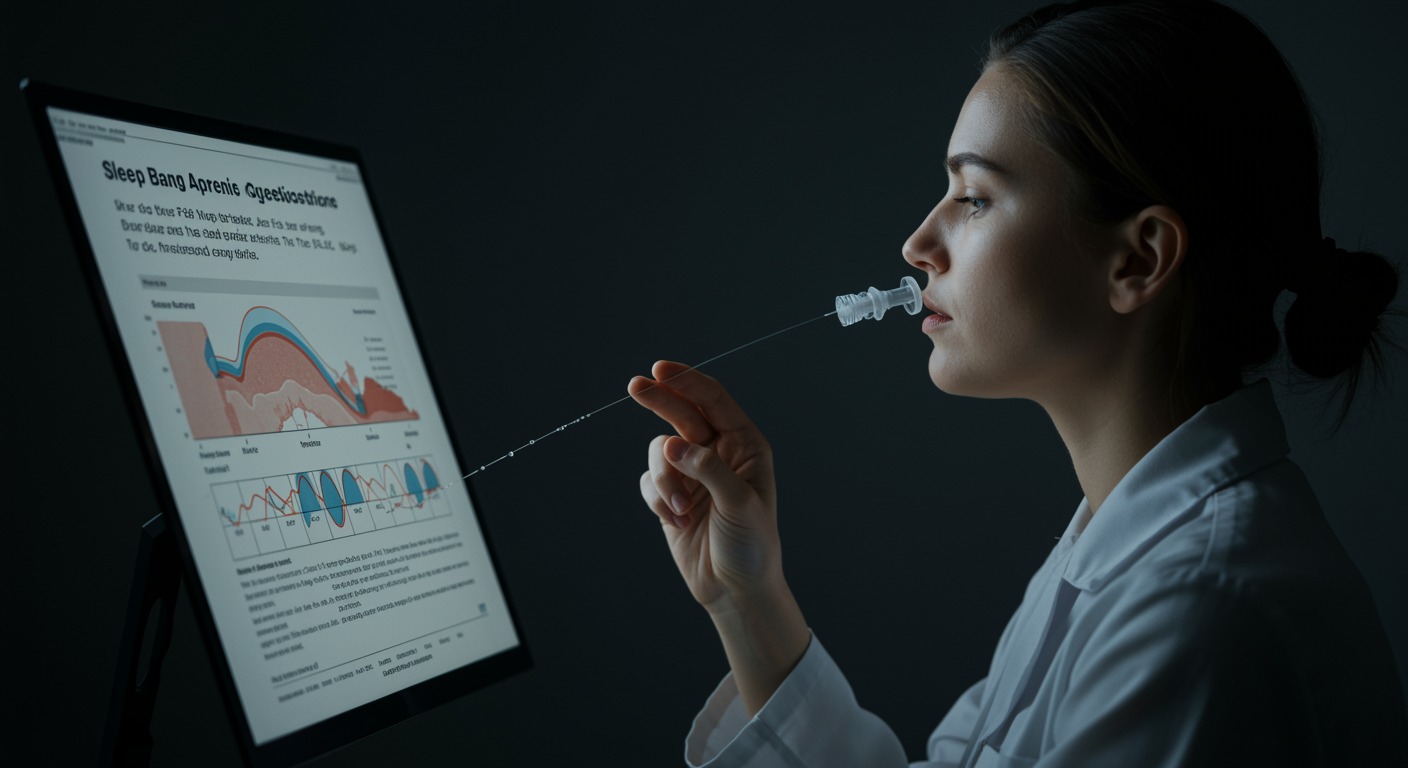 Photorealistic medical screening questionnaire with sleep apnea diagnostic visualization, showing STOP-Bang assessment accuracy, soft clinical lighting, no text