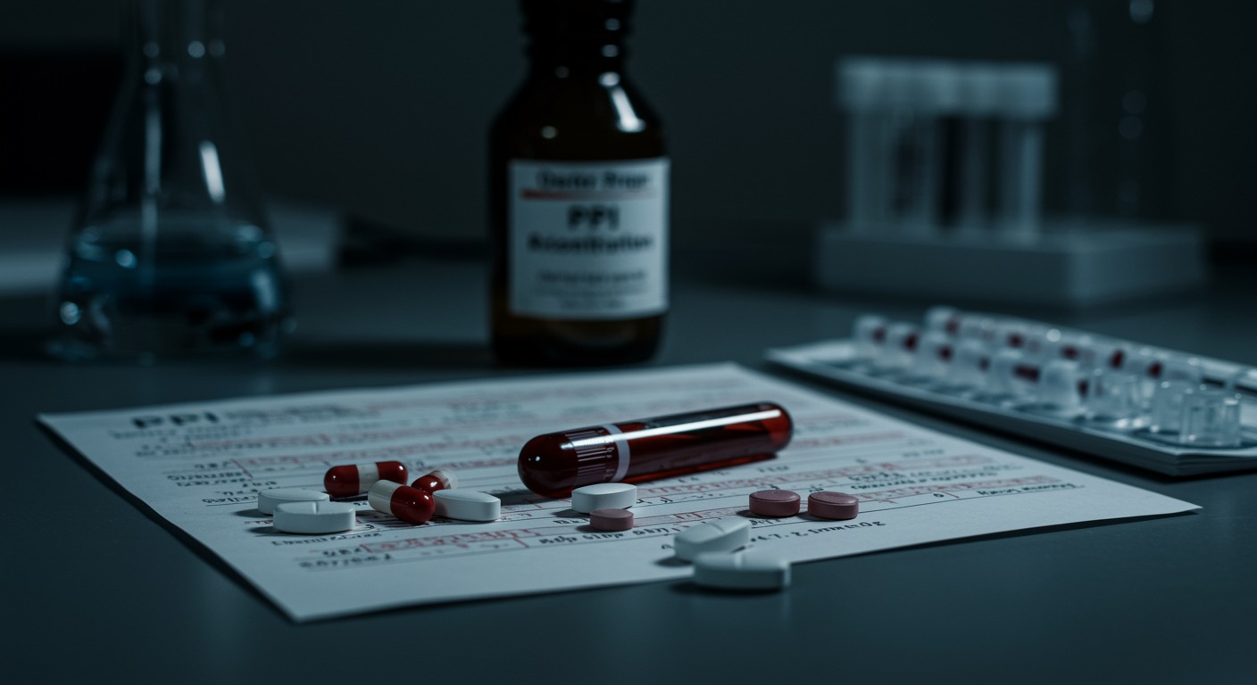 Medical laboratory showing PPI medications alongside iron supplements and blood test results on hematology analysis table