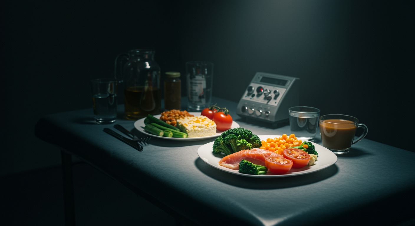 Healthy very low-carbohydrate meal with high-fat foods, vegetables, and protein sources on a medical research table