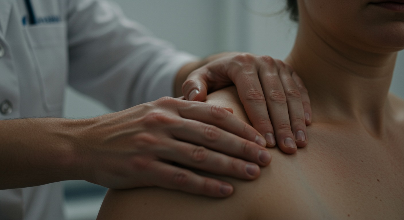 Close-up of hands applying pressure to a shoulder against a clean blurred medical office background