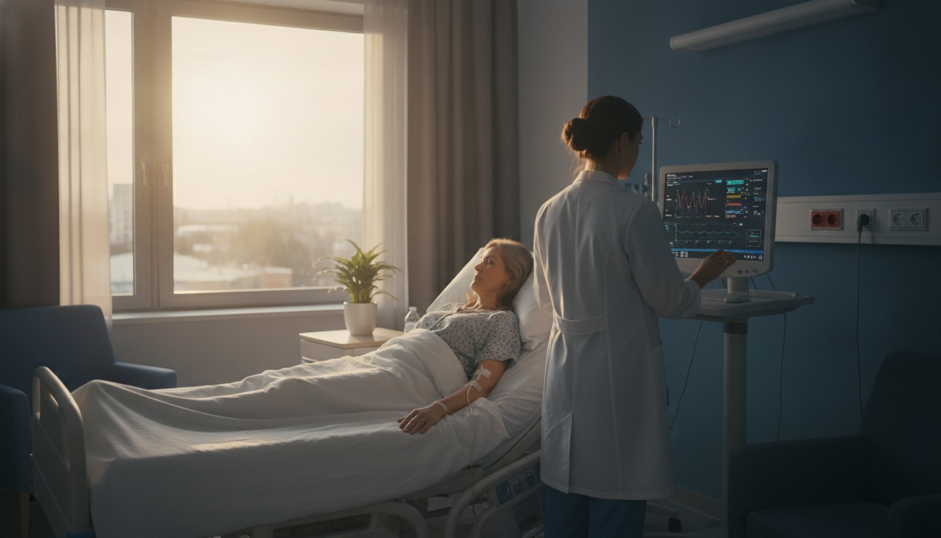 Patient resting in a hospital bed beside a sunlit window while a nurse checks a bedside monitor in the background