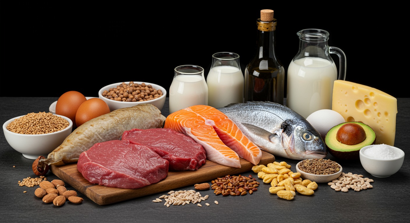 Various animal-based foods rich in vitamin B12 including meat, fish, eggs, and dairy products arranged on a nutritional research table