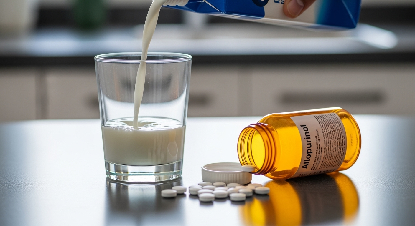 Food and drink sources like coffee, milk, citrus, and beer representing diet and gout risk