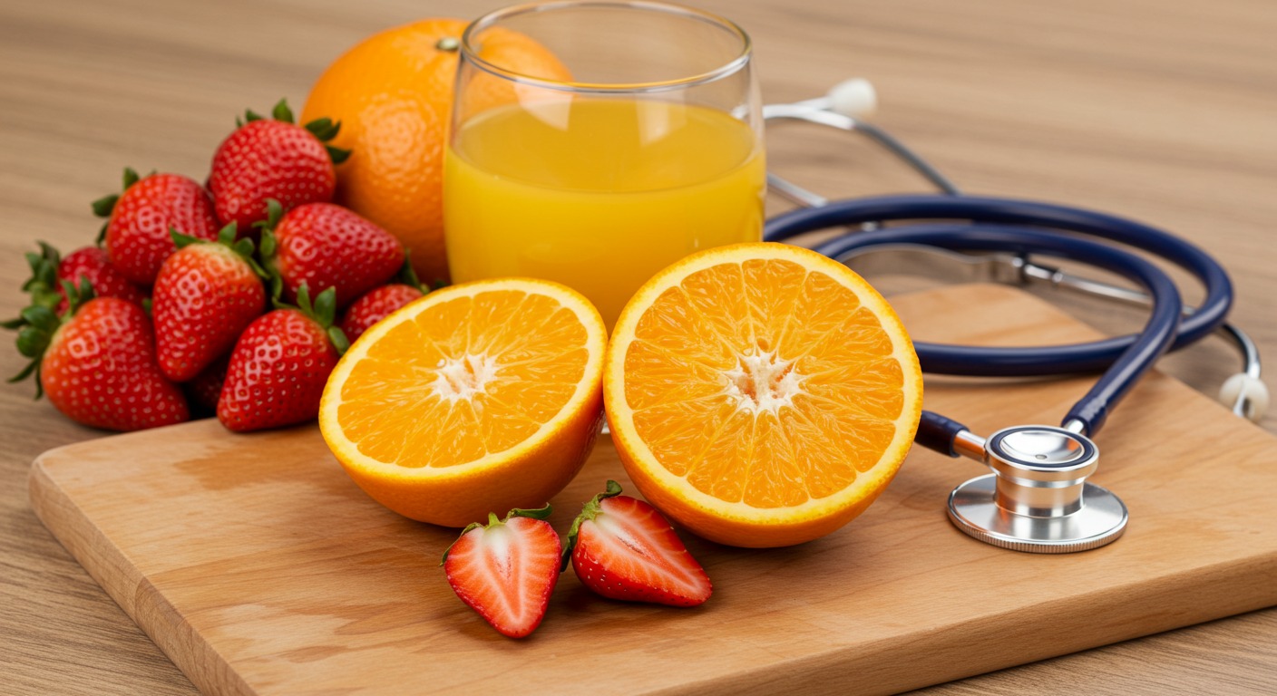 Vitamin C molecules and fruits showing sources of ascorbic acid