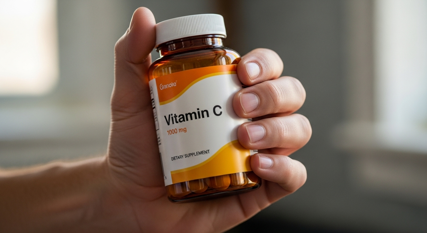 Vitamin C tablets with fresh citrus fruit, symbolizing its role in lowering uric acid