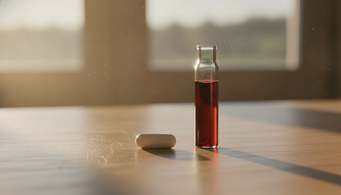 A single white capsule resting on a wooden table beside a clear glass vial of blood in soft morning window light