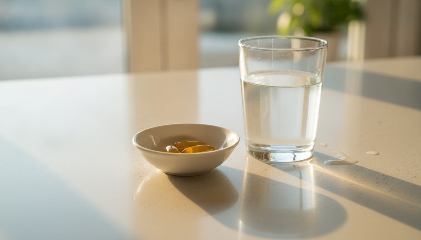 Two amber softgel capsules resting in a small white ceramic dish beside a glass of water on a light kitchen counter in morning sunlight
