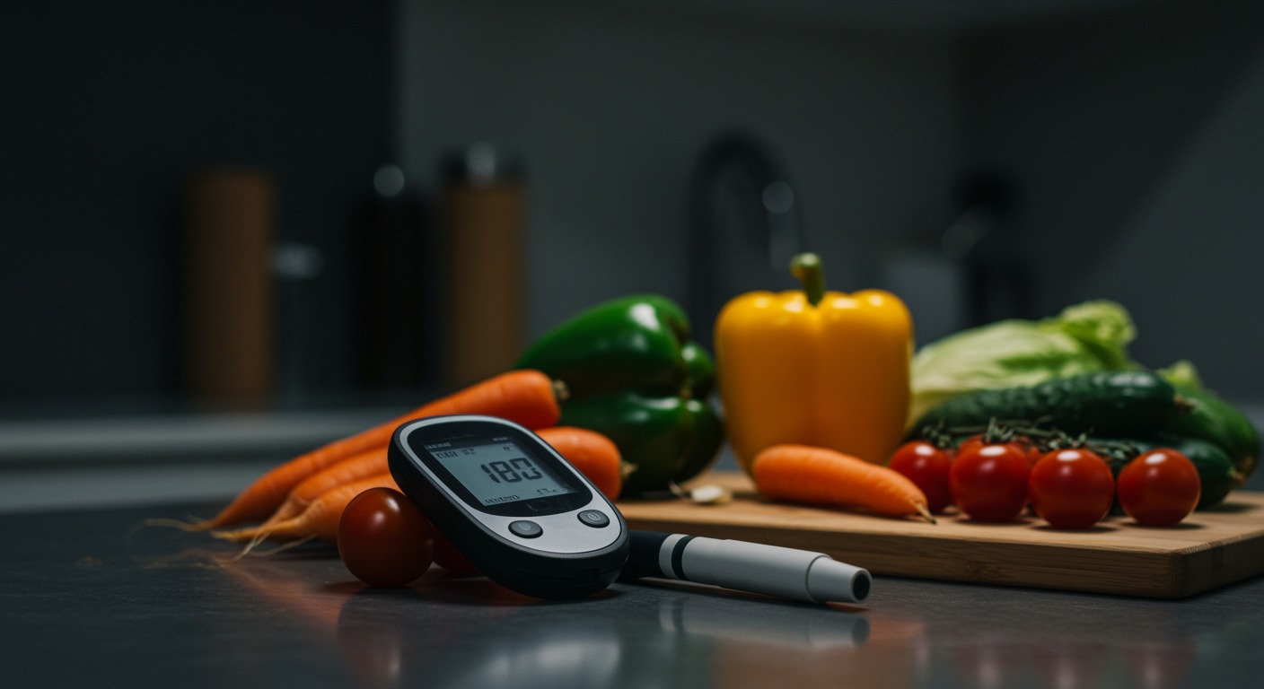 Blood glucose monitor next to fresh vegetables on a modern kitchen counter with bright overhead lighting