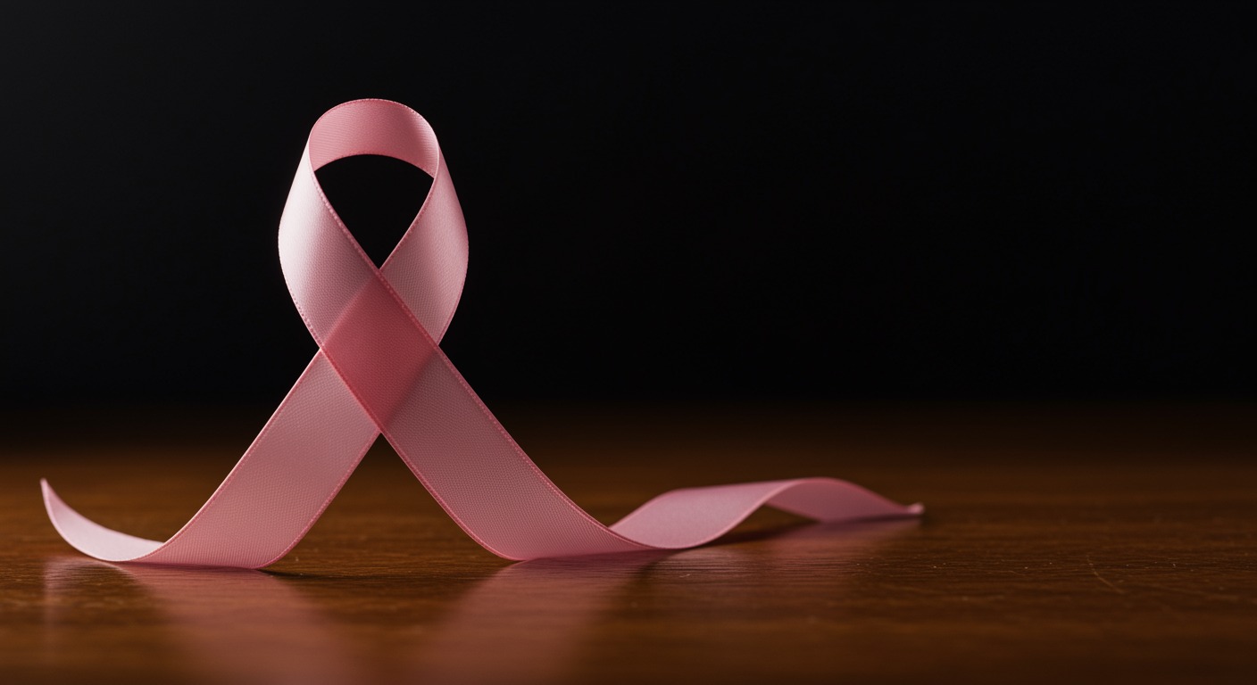 Pink ribbon resting on a polished wooden surface with soft neutral studio lighting