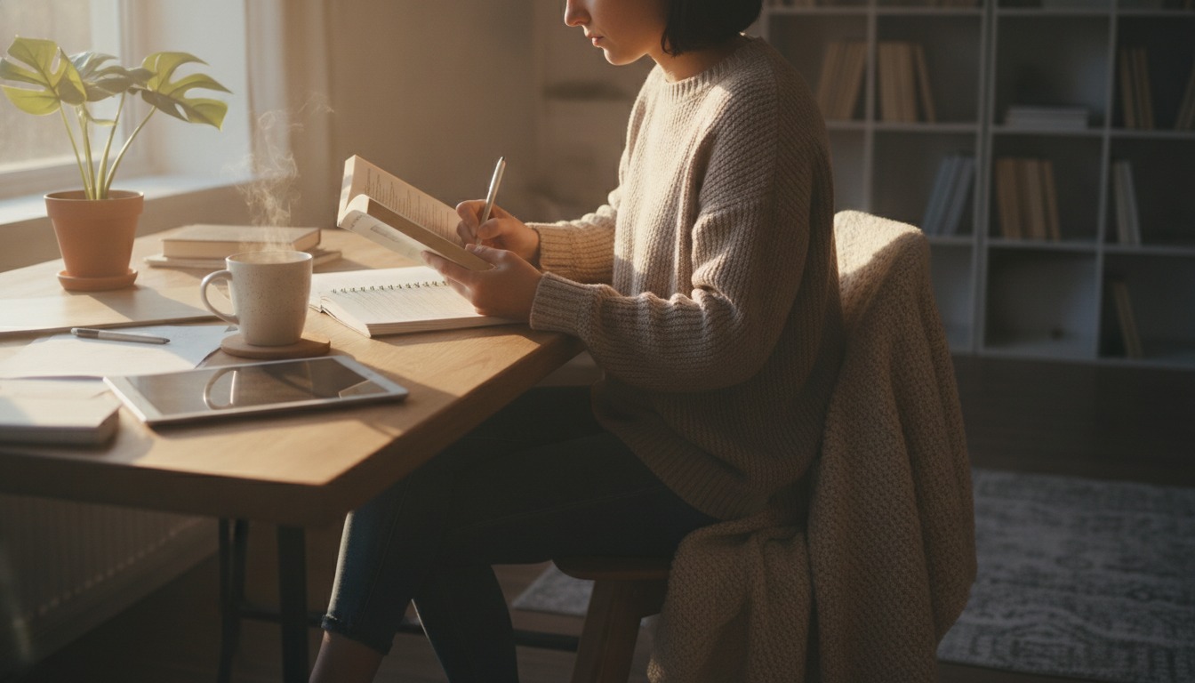 Person reading and taking notes with a cup of coffee at a cozy desk in warm morning light with a potted plant