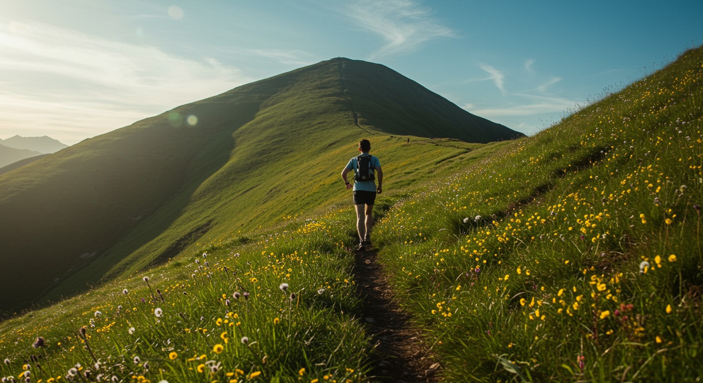A person running up a steep sunlit hill trail surrounded by green grass and scattered wildflowers