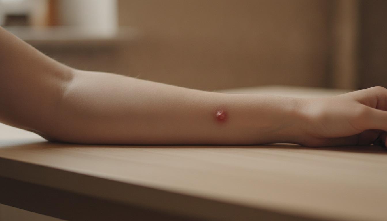 Close-up of a person's bare forearm resting on a plain table in soft daylight, with a small raised red mark on the skin