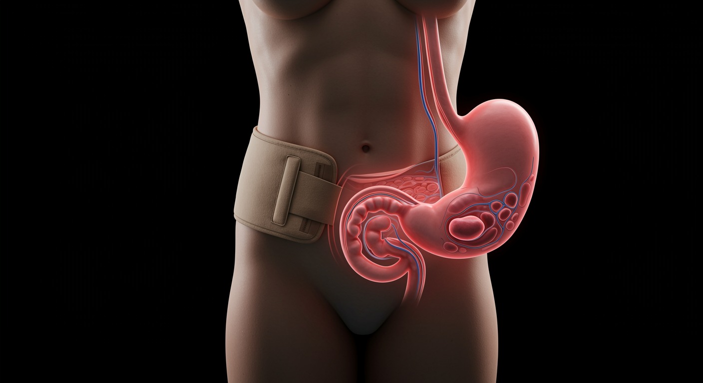 Medical diagram showing tight waist belt and central obesity effects on stomach position with hiatal hernia formation and acid reflux