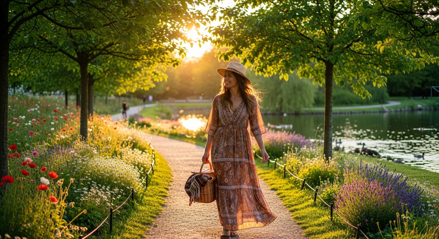 Person walking in a park while chewing gum on a sunny day