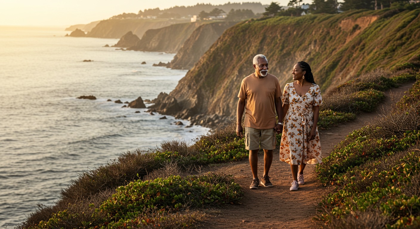 Elderly man and woman walking on a nature trail, representing the health benefits of daily walking.