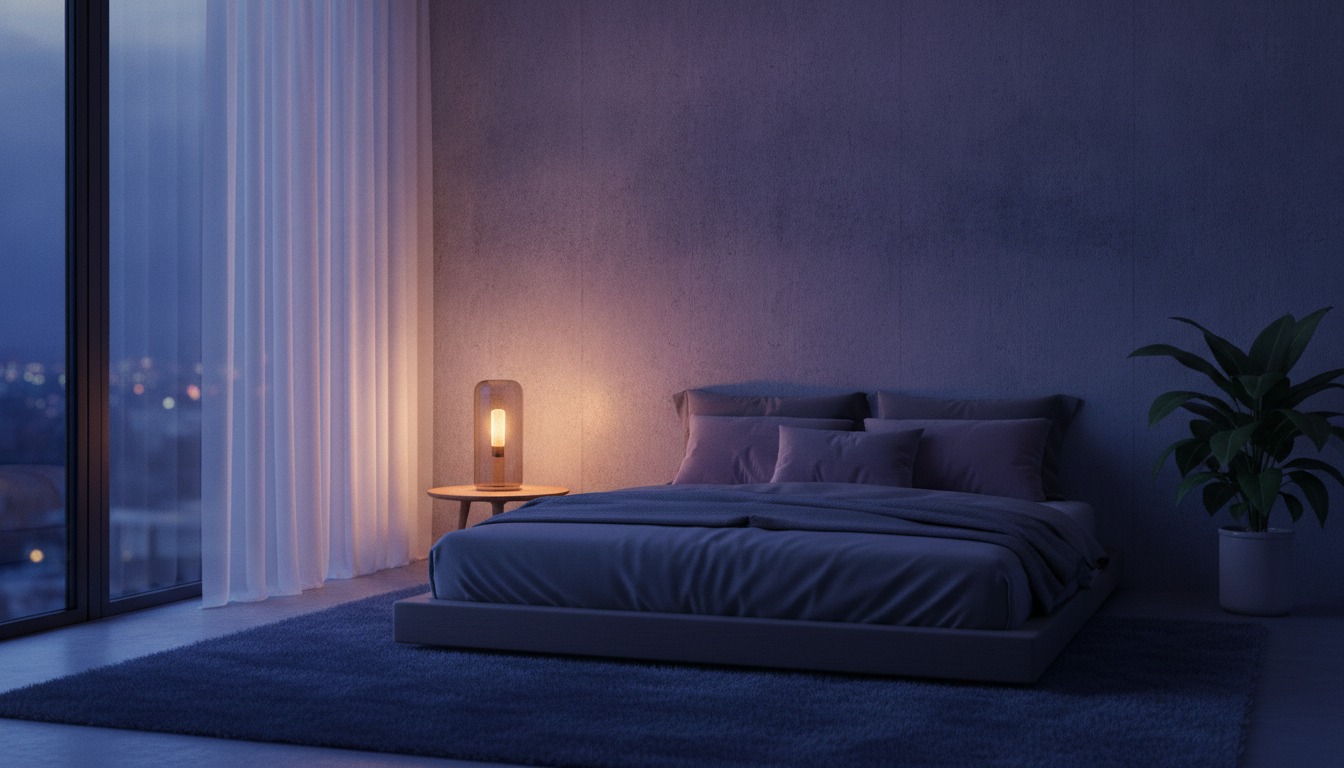 Minimalist bedroom at twilight with deep blue and lavender tones and a single bedside lamp glowing