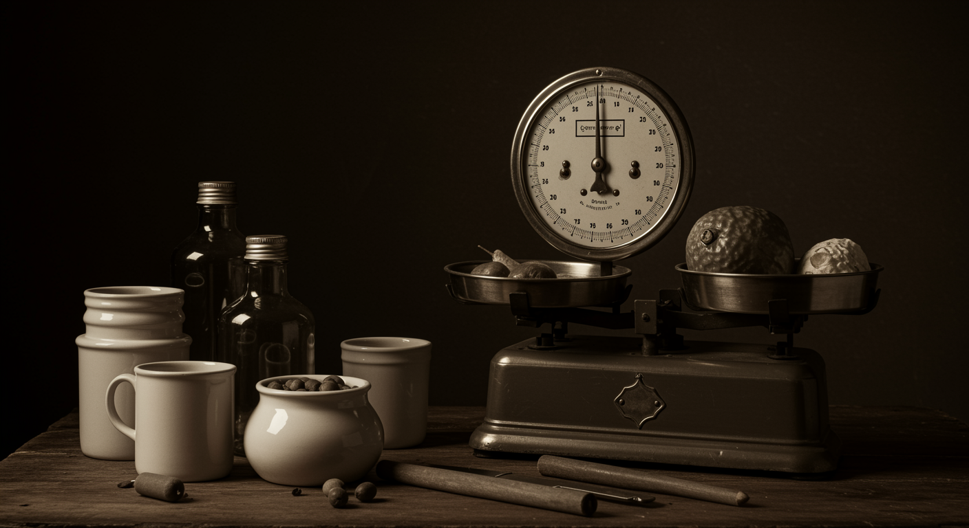 Vintage medical scale with simple food portions on wooden table, sepia tones, no text, historical medical setting
