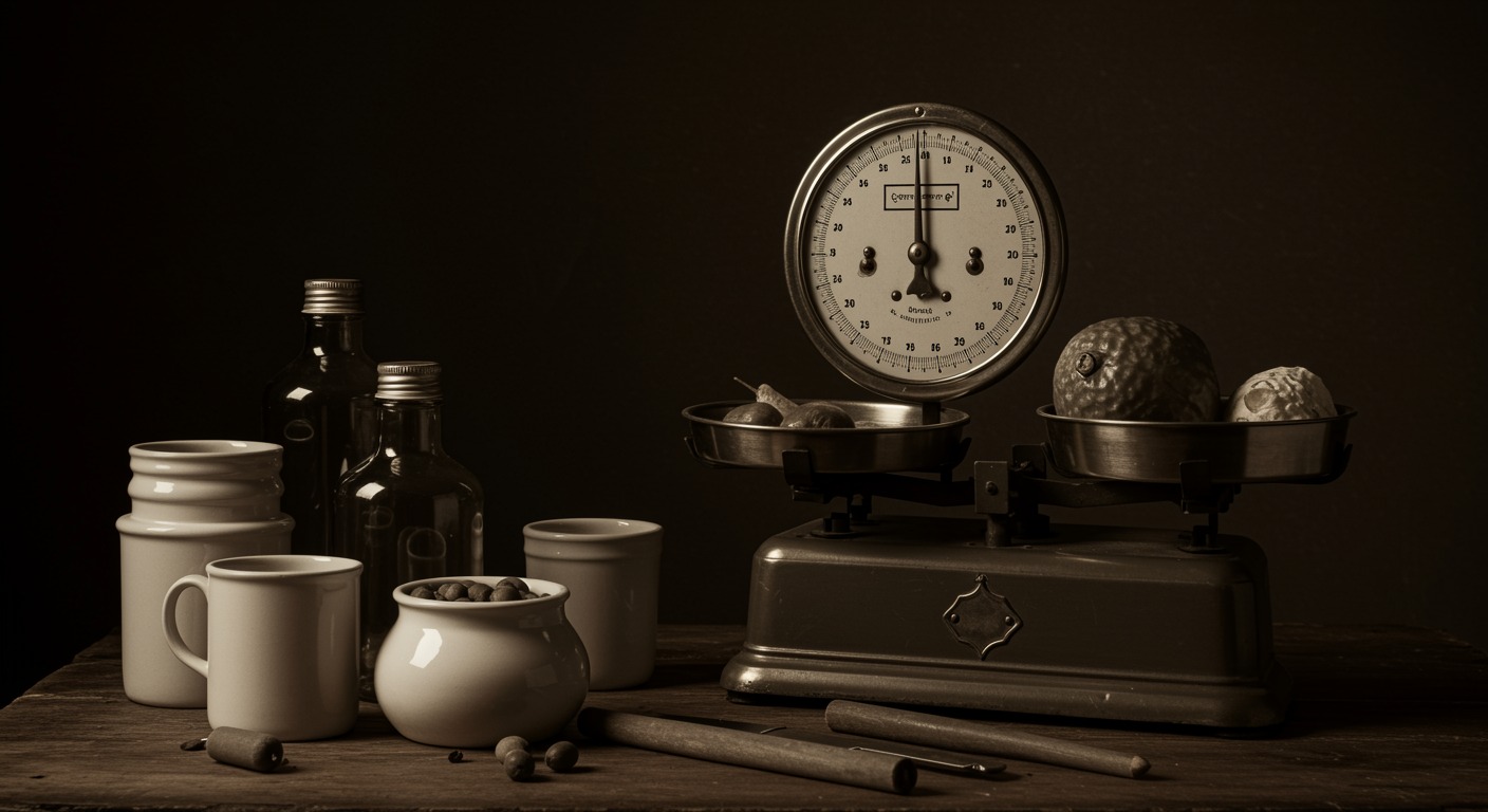 Vintage medical scale with simple food portions on wooden table, sepia tones, no text, historical medical setting