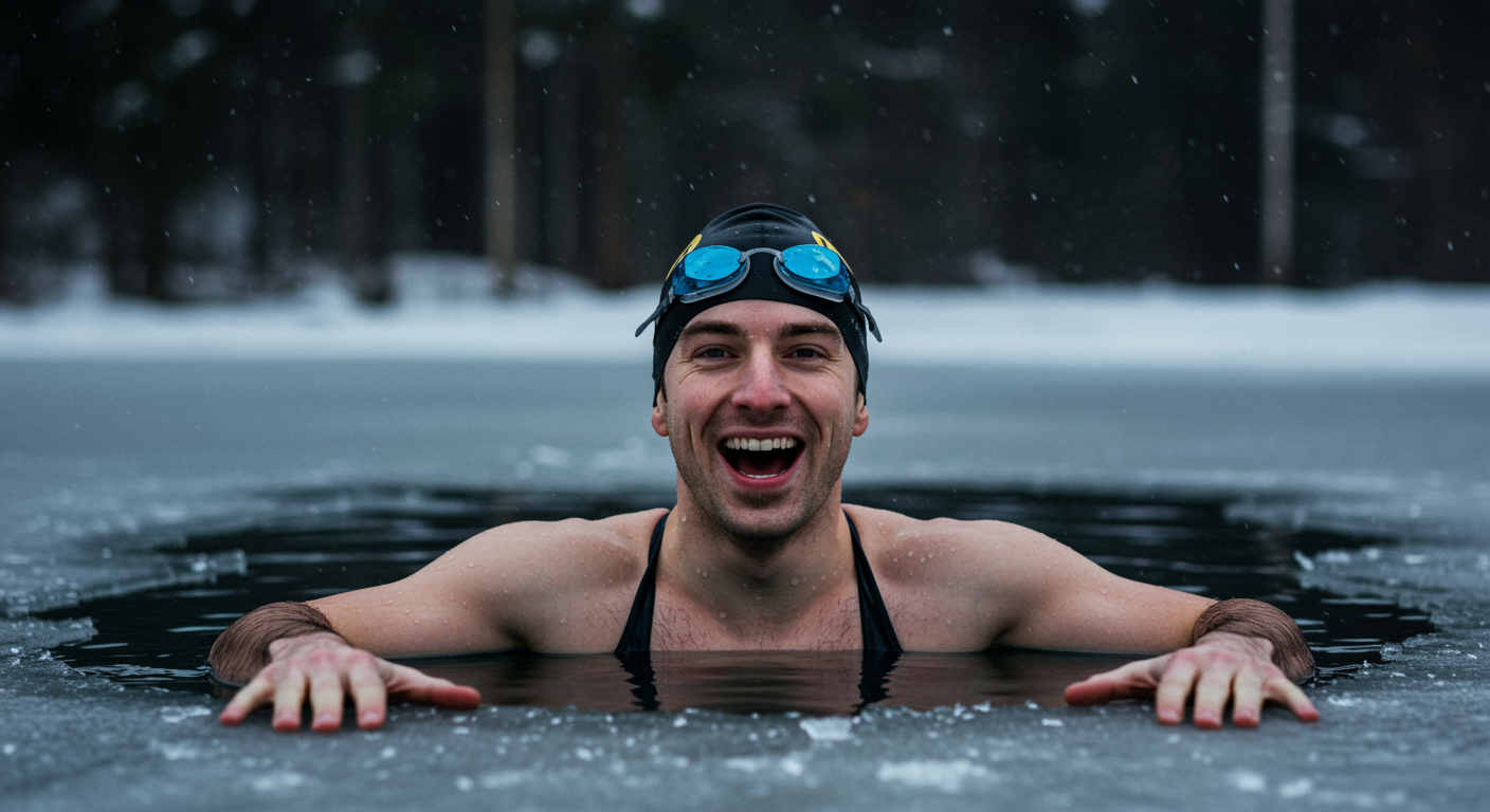 Happy winter swimmer emerging from icy water with joyful expression