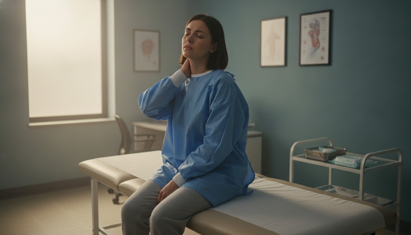 A woman sitting on the edge of an exam table in a softly lit clinic room, one hand resting on the back of her neck